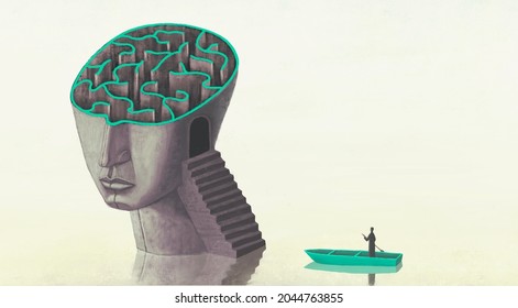 Concept idea art of creativity labyrinth phylosophy imsgination and psychology, conceptual artwork, A man alone on a boat with surreal brain maze, 3d illustration, painting - Powered by Shutterstock