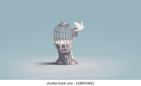 Concepto de arte de la libertad alma e inspiración. Obra de arte surrealista de una jaula de pájaros en la cara humana. 3 quinquies ilustración. Pintura conceptual.