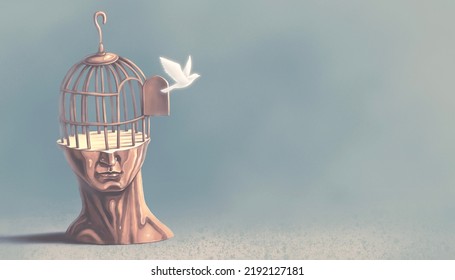 Concept idea art freedom soul   inspiration  Surreal artwork bird cage human face  3d illustration  Conceptual painting 