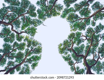 Concept idea art of nature, life, hope, freedom, and environment. Surreal painting of homan face in forest, conceptual artwork.  3d illustration of tree.