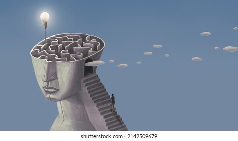 Concept idea of brain maze inspiration success thinking and creativity. surreal art. conceptual 3d illustration. Light bulb in labyrinth.