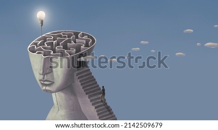 Concept idea of brain maze inspiration success thinking and creativity. surreal art. conceptual 3d illustration. Light bulb in labyrinth. 商業照片 © 