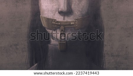 Concept idea freedom of speech freedom of expression democracy feminism and censored, surreal painting, portrait illustration, political art, women's rights, conceptual artwork
