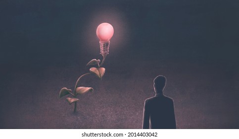 Concept idea of light bulb creative imagination and thinking, surreal conceptual art, 3d illustration, painting artwork, graphic design