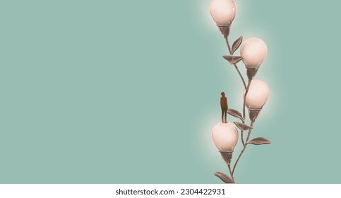 Concept idea of light bulb creative imagination and thinking, surreal conceptual art, 3d illustration, painting artwork, graphic design