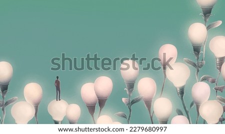Concept idea of light bulb, creative, thinking, motivation, success, and thinking, surreal conceptual art, 3d illustration, painting artwork.