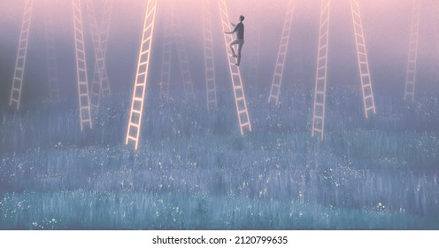 Concept idea of success and choice. Surreal painting of a man and stairs. Conceptual artwork. 3d illustration.