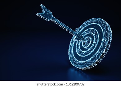 Concept Of An Illuminated Wireframe Digital Arrow Hit In The Center A Bullseye On Dark Blue Background. 3D Rendering