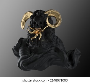 Concept Illustration 3D Rendering Of Baroque Veiled Black Scary Figure With Skull, Golden Teeth, Snake Tongues And Goat Horns Isolated On Grey Background In Dark Art Style.