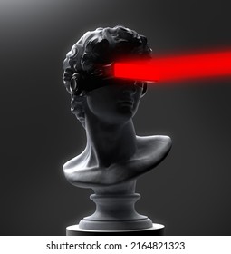 Concept Illustration From 3D Rendering Of Classical Head Sculpture With Virtual Reality Visor Headset Firing Red Laser Ray And Isolated On Dark Background.