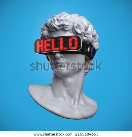 Concept illustration from 3D rendering of classical head sculpture with VR visor headset displaying HELLO word in red LED lights and isolated on light blue background.