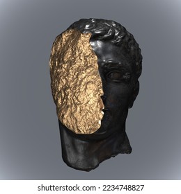 Concept illustration from 3D rendering of a fragment of classical style head sculpture made of black shiny metal with gilded fracture broken side and isolated on gray background.