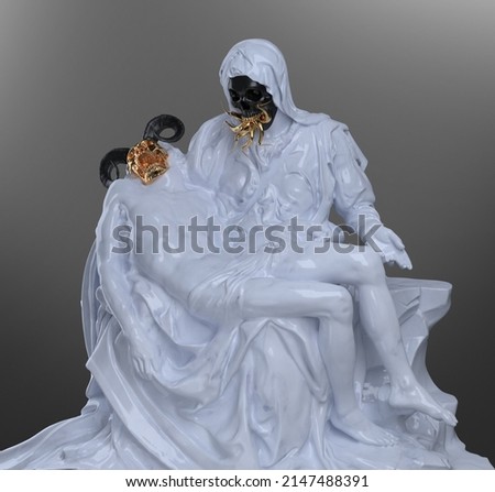 Concept illustration 3D rendering of marble classical Pieta sculpture of mother and son with black scary skull faces, golden snake tongues and goat horns isolated on background in dark art style.