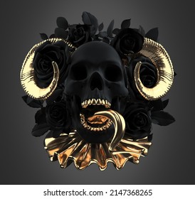 Concept Illustration 3D Rendering Of Scary Dark Skull With Golden Goat Horns, Snake Tongues Out And Gold Teeth Surrounded By A Dark Black Roses Wreath With Leaves Isolated On Grey Background.