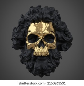 Concept illustration 3D rendering of scary dark classical head sculpture of bearded old man with golden skull mask isolated on grey background.
