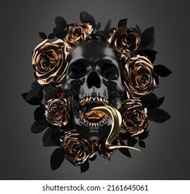 Concept Illustration 3D Rendering Of Scary Dark Skull With Golden Teeth, Snake Tongue Out Surrounded By A Golden Roses Wreath With Dark Black Leaves Isolated On Grey Background.