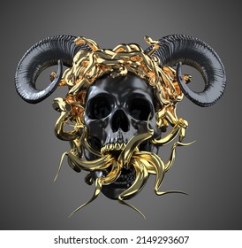 Concept Illustration 3D Rendering Of Screaming Black Skull With Goat Devilish Horns, Golden Teeth And Snake Tongues Out Wearing A Medusa Snakes Hair Headpiece Isolated On Grey Background.