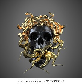 Concept Illustration 3D Rendering Of Screaming Black Skull With Golden Teeth, Snake Tongues Out And Medusa Snakes Hair Headpiece Isolated On Grey Background.