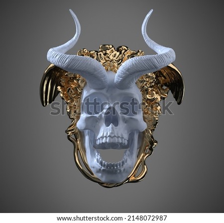 Concept illustration 3D rendering of screaming white marble skull with goat horns and golden medusa snakes hair and wings headpiece isolated on grey background.