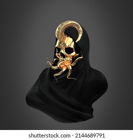 Concept illustration 3D rendering of veiled dark black scary figure with golden skull mask, goat horn and snake tongues out isolated on grey background.