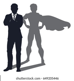 Concept Illustration eines Geschäftsmanns, der durch seinen Schatten als Superheld enthüllt wurde