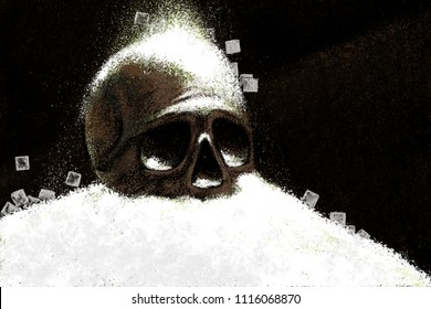 Concept Illustration Of The Danger Of Illness And Harm To The Health Of Sugar And Salt. Skull Covered With White Powder.