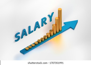 Concept Illustration Of Salary Raise Increase. Blue Arrow With Golden Coins And Large Word Salary. 3d Illustration.