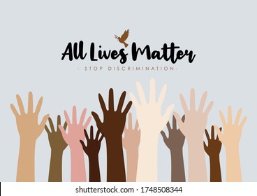 Concept image of the All Lives Matter socio-political peace movement to stop black lives matter demonstration in the American USA US and to stop discrimination and racism in society