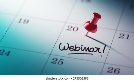 Concept image of a Calendar with a red push pin. Closeup shot of a thumbtack attached. The words Webinar written on a white notebook to remind you an important appointment. - Powered by Shutterstock