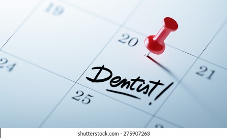 Concept image of a Calendar with a red push pin. Closeup shot of a thumbtack attached. The words Dentist! written on a white notebook to remind you an important appointment. - Powered by Shutterstock