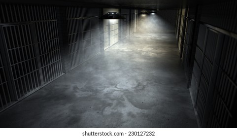 A concept image of an eerie corridor in a prison at night showing jail cells dimly illuminated by various ominous lights
