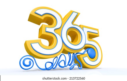 An concept image with extruded text reading three hundred and sixy five and a blue ribbon reading days depicting year rund on an isolated white background