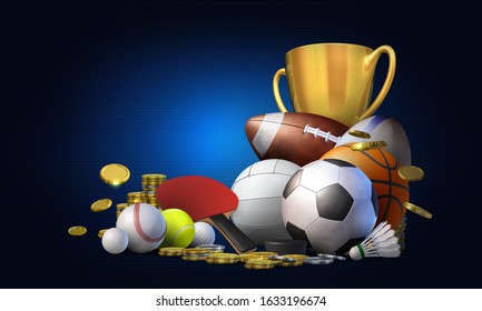 Concept Image For Live Betting On All Major Sports. 3D Rendered Illustration With Sports Equipment On A Dark Blue Background With Copy Space