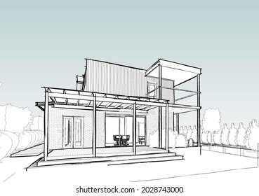 Concept image outside area deck and pergola construction. two storey luxury home rear back yard perspective including alfresco deck area covered with pergola. 