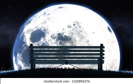 A Concept Image Showing An Empty Park Bench On A Grassy Hill At Night In Front Of A Full Moon And Starry Night Background - 3D Render