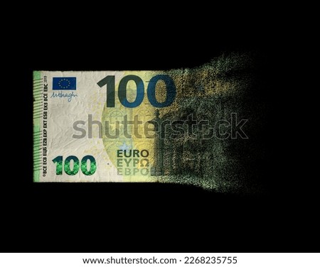 A concept image showing a half dissolved flat paper Euro bank note on a dark studio background - 3D render