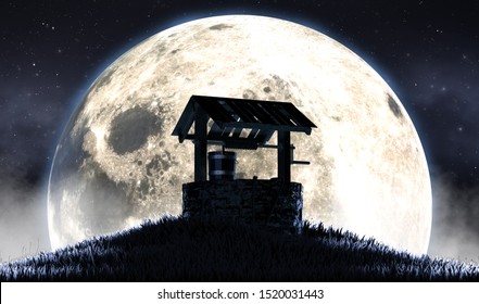 A Concept Image Showing An Old Wishing Well On A Grassy Hill At Night In Front Of A Full Moon And Starry Night Background - 3D Render