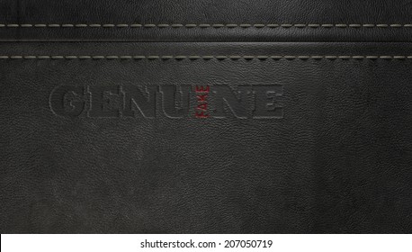 A concept image showing a regular stitched sheet of black leather with an embossed stamp reading genuine but the one letter reads the word fake