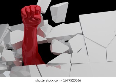 Concept image of success with 3D rendering, illustration of fist breaking through wall