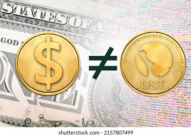 Concept image of UST stable coin unequal to1 US Dollar, Cryptocurrency