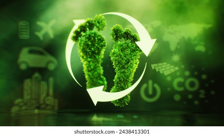 The concept of the impact of human activity on nature and climate in the form of a symbol of a human footprint covered with leaves on a lush green background. 3D illustration.