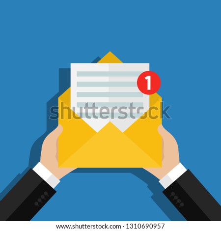 Concept of incoming email message. Letter with counter notification, postman hand, mail delivery service. Flat design, business illustration.