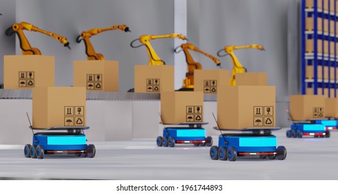 Concept Industry 4.0 Robotic Artificial Intelligence,Autonomous Robot AGV (Automated Guided Vehicle),warehouse Logistic,smart Automated Delivery Vehicle Shipping,robot Carrier Carrying Cardboard Box