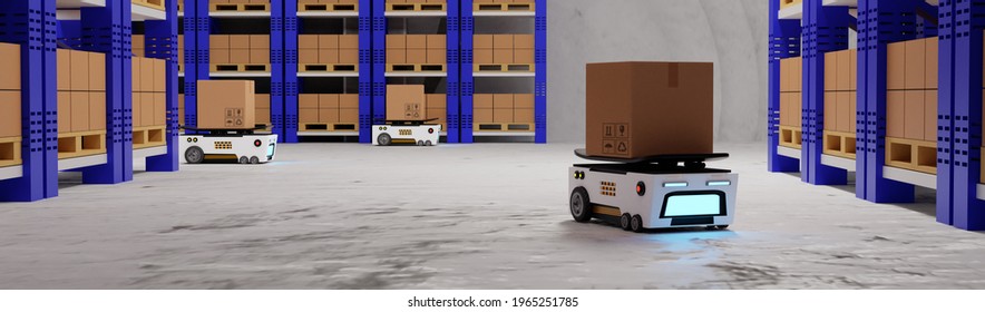 Concept Industry 4.0 Smart Vehicle Autonomous Robot AGV (Automated Guided Vehicle),warehouse Logistic And Transport,with Cardboard Box Automated Robot,production In Factory,3d Rendering Illustration