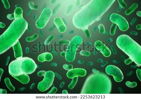 Concept infectious agents, bacteria, bacilli, E. coli, part of the gut microbiome. Magnified image from under the microscope. 3D rendering, 3D illustration