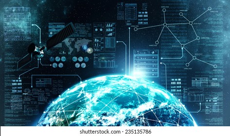 Concept of internet connection via  satellite communication in outer space