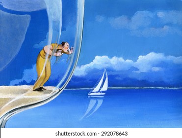 Concept Of Isolation And Solitude A Man Trapped In An Hourglass Looks Sad At A Distant Sailboat Sailing On A Beautiful Blue Sea Surreal Painting