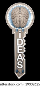 concept key with text ideas and brain. 3d rendering