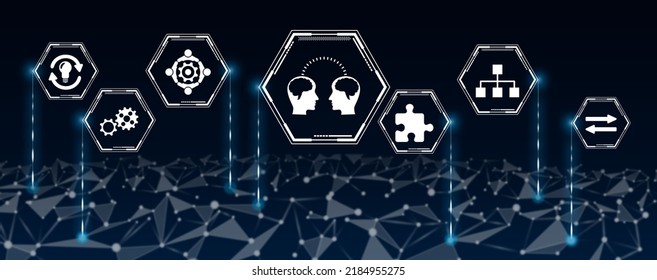 Concept Of Knowledge Sharing With Icons In Hexagons Connected To Abstract Network