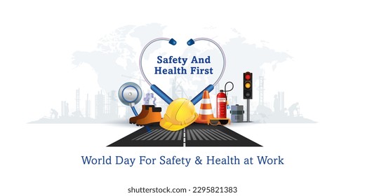 Concept of Labor day, Workers Safety and Health at Work. Background of Road, Fire safety cylinder, helmet, construction city skyline, real estate site and Medical equipment. - Powered by Shutterstock